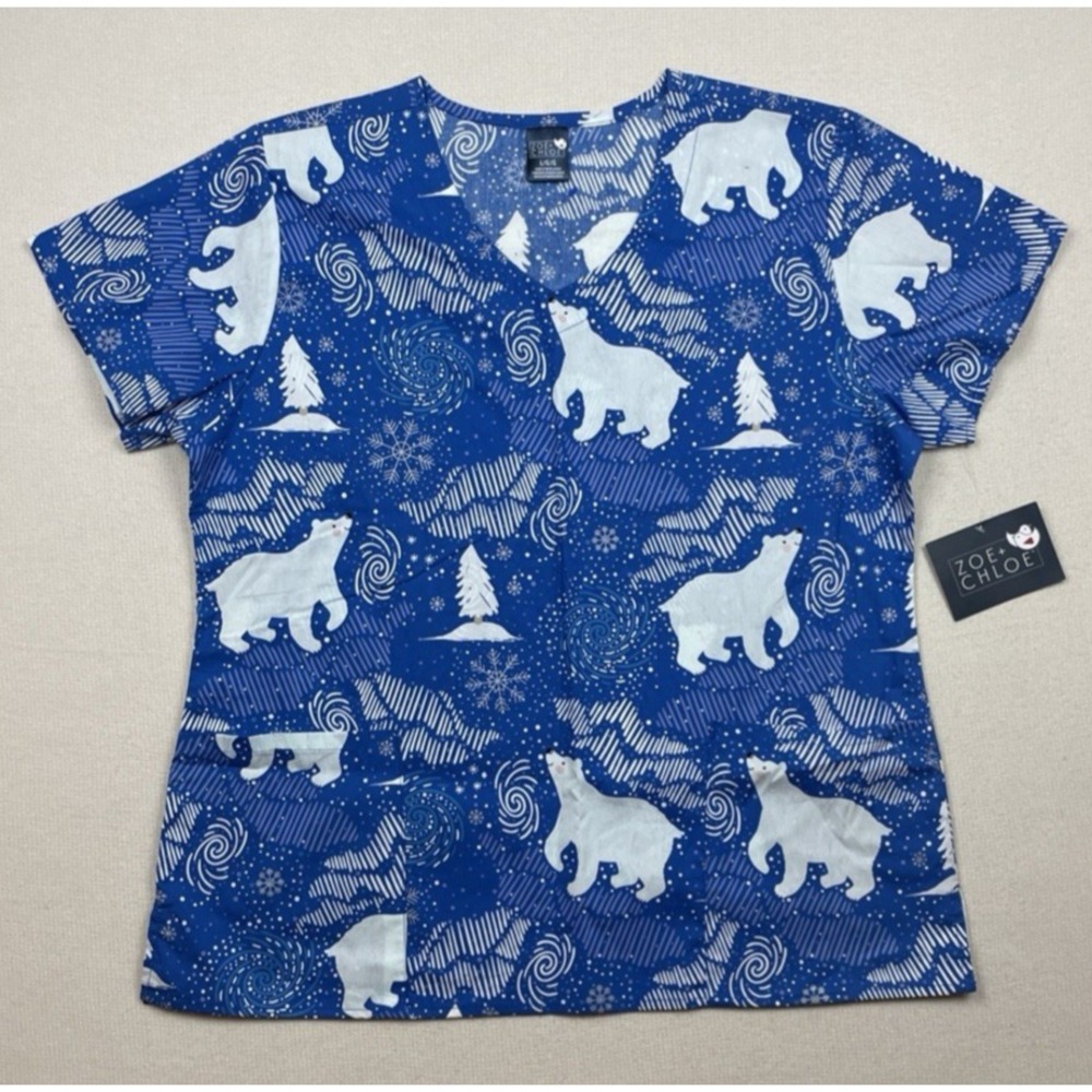Zoe + Chloe Polar Bear Scrub Top Size Large Snow‎ Flakes Holiday Xmas Blue NWT